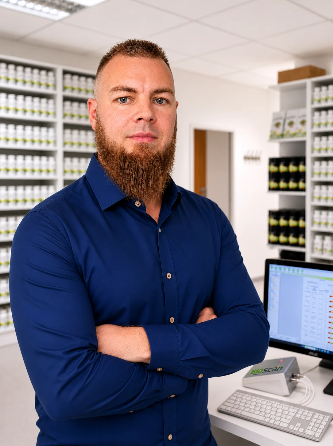 Markus Kramer, Gründer von Vitaluma, mit verschränkten Armen vor dem Bioscan-Messgerät und den Nahrungsergänzungs-Regalen in der Praxis in Wels